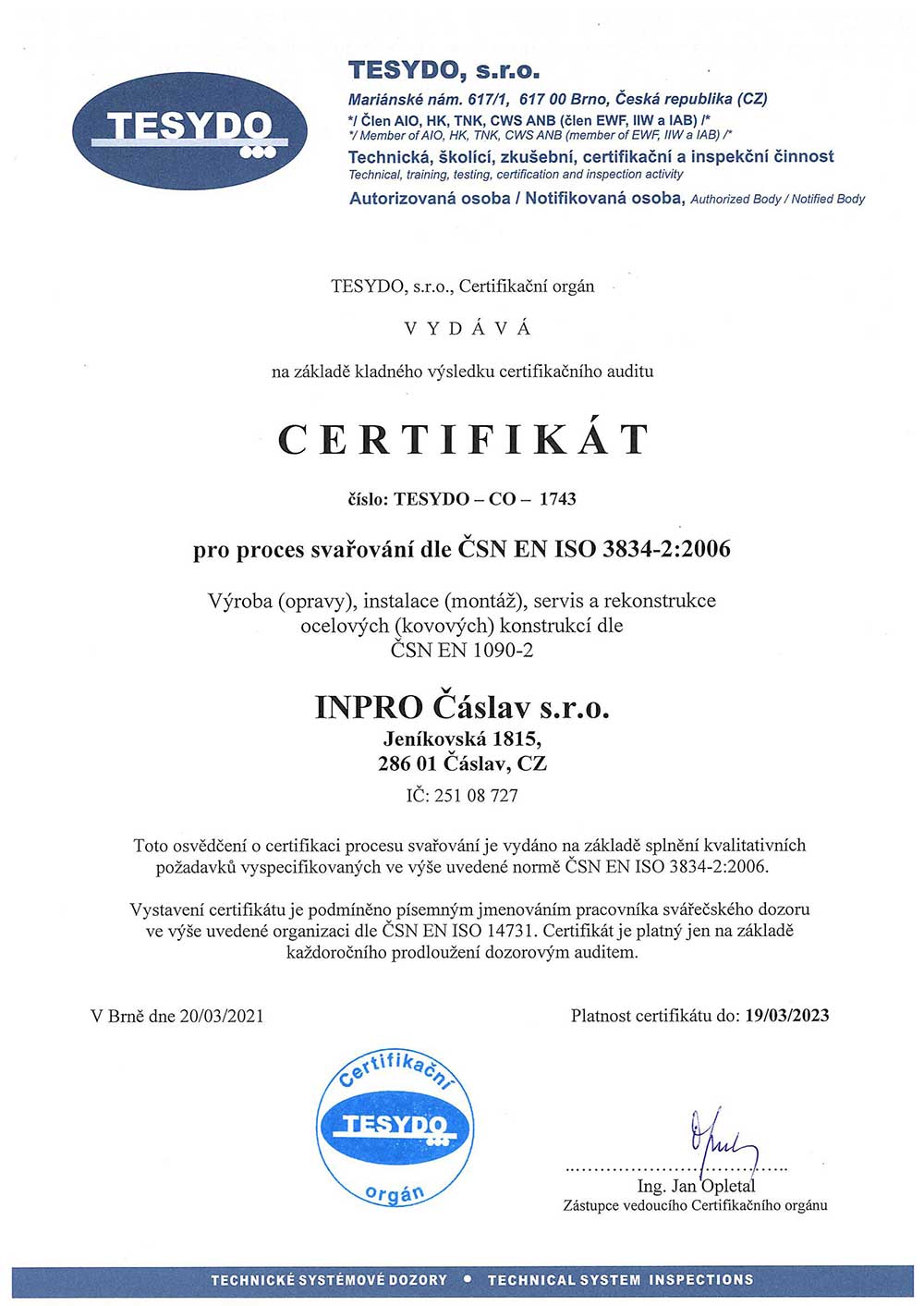 Certifikát pro proces svařování
